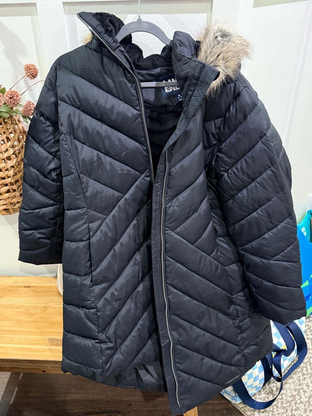 Lands' End Black Quilted Puffer Coat with Faux Fur Trim